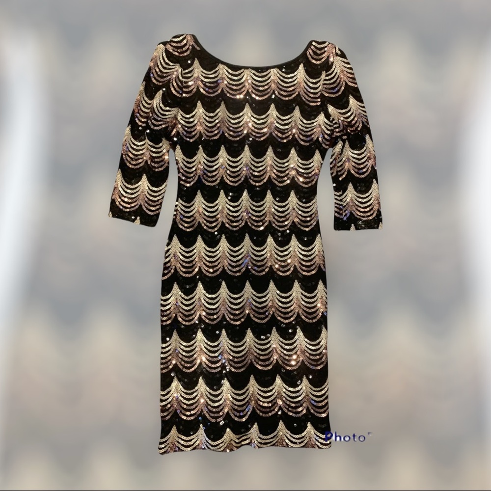 Crystal Doll-Size Large-Sequined Dress 3/4 Sleeve- Gold Black Fitted Mini Dress